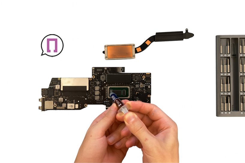 Мастер наносит термопасту на MacBook Pro