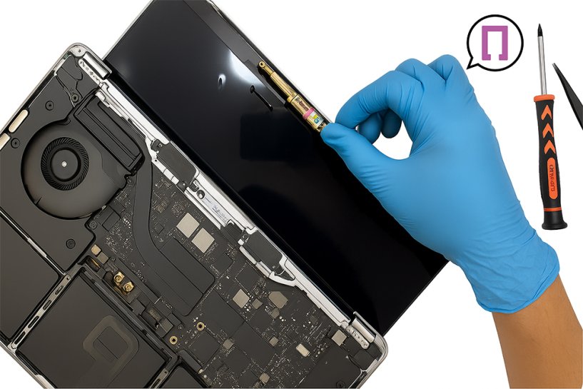 Мастер прикручивает новый дисплей на Макбук Про 15