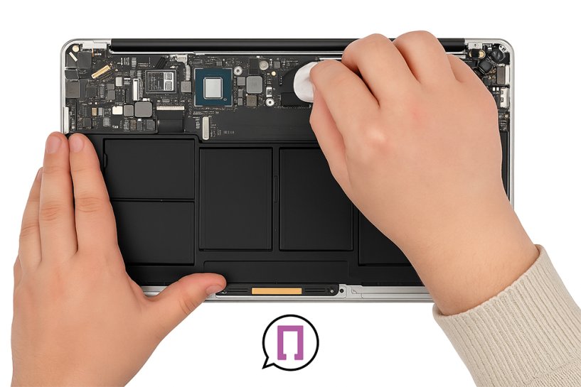 Мастер очищает поверхность Макбука